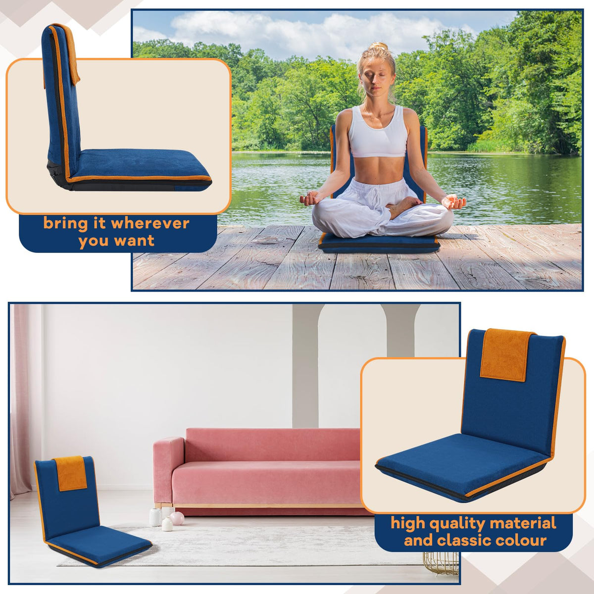 2 Pcs Floor Chair with Back Support Padded Floor Seating Portable Floor Seat Meditation Cushion Adjustable Fully Folding Backrest for Adult Kid Gaming Linen Washable Cover (Blue, Khaki)