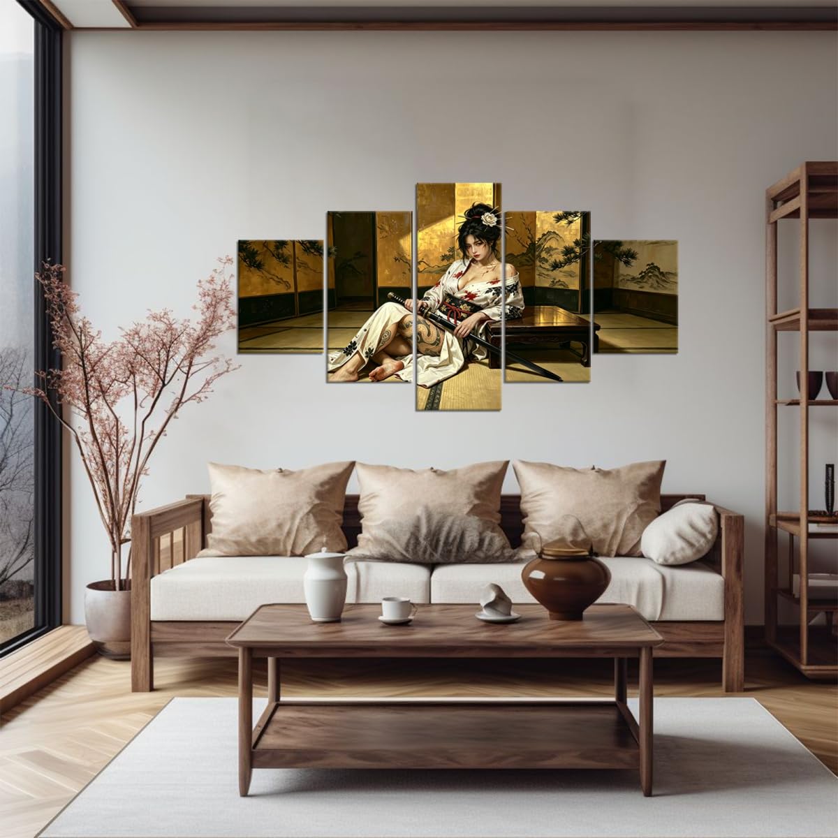 Japan Geisha Poster Samurai Wall Art for Office Wall Decor Prints Framed (50"Wx24"H / Samurai 5P-35)