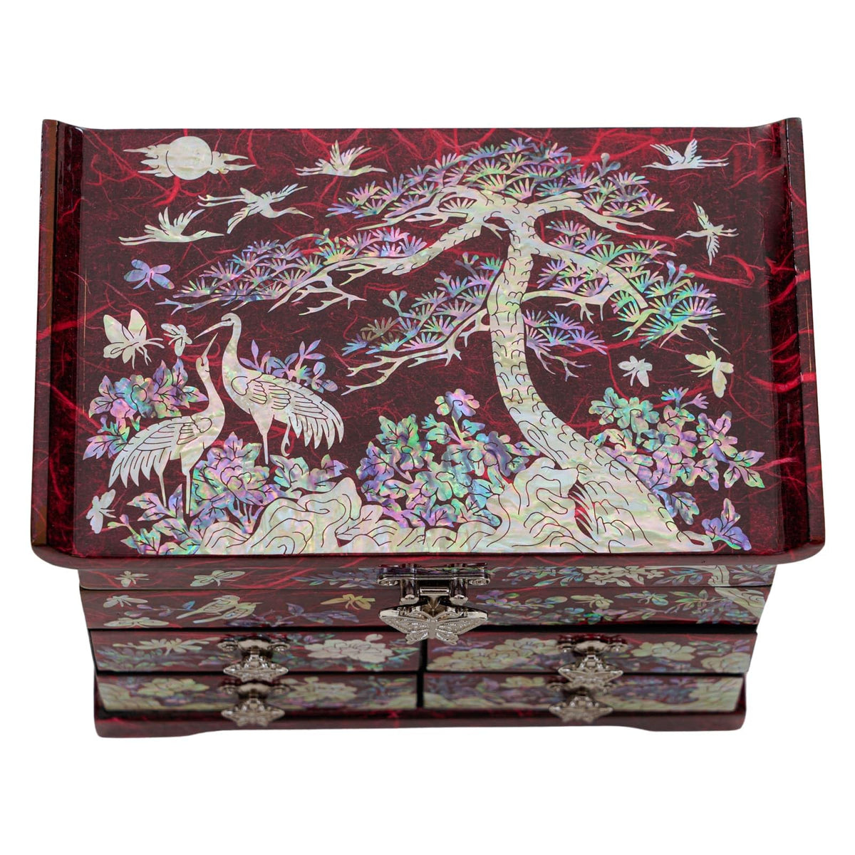 Handcrafted Mother of Pearl Jewelry Box (Crane and Pine Tree - Red)