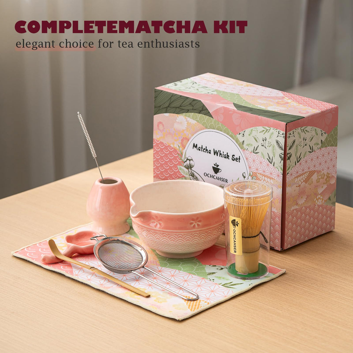 8 Pcs Matcha Whisk Set. Matcha set includes matcha bowl with Cherry Blossom (Pink Gradient)