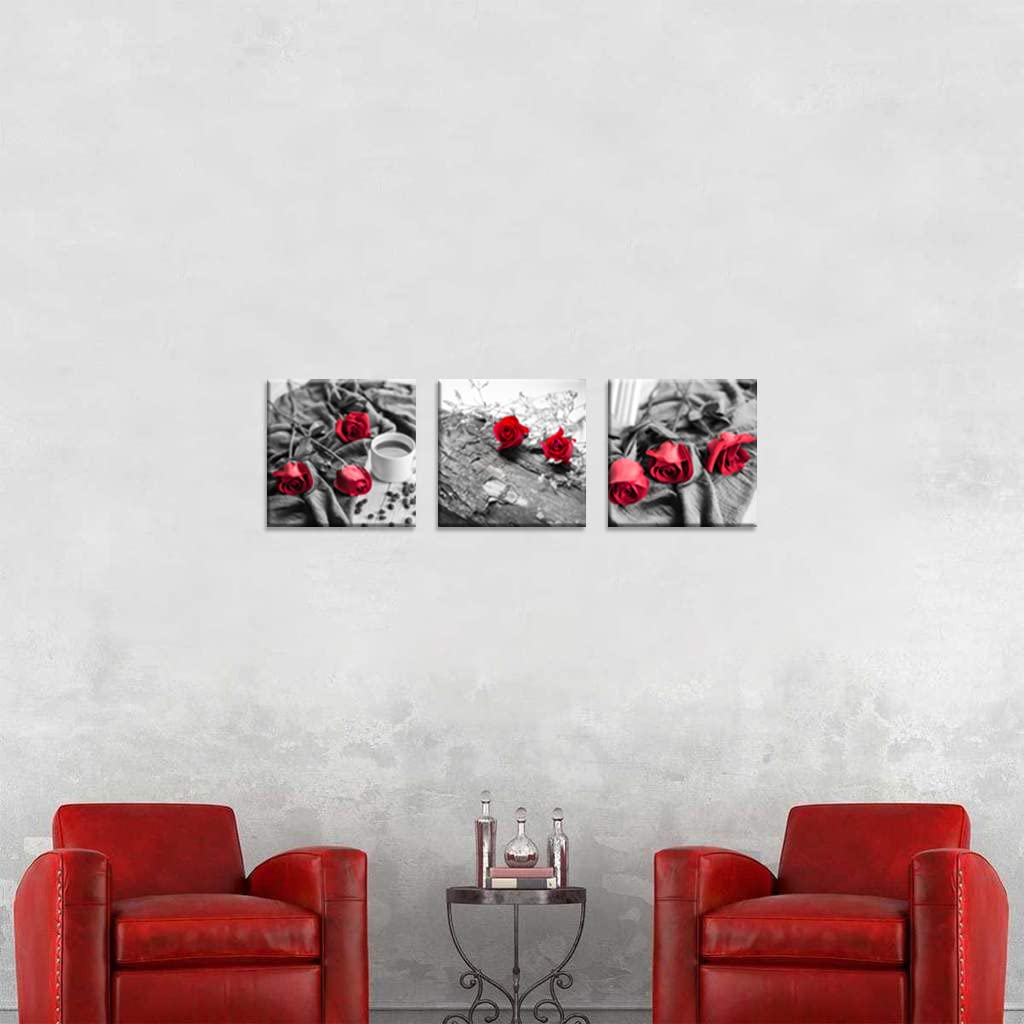 3 Pcs Black White with Red Wall Art Red Rose Wall Decor Coffee Bean Decor Flower Picture on Canvas for Home Decor Valentine's Day Gift Stretched and Framed 12X12inches (12 x 12 inches (3-Piece Set) / B&W Rose)