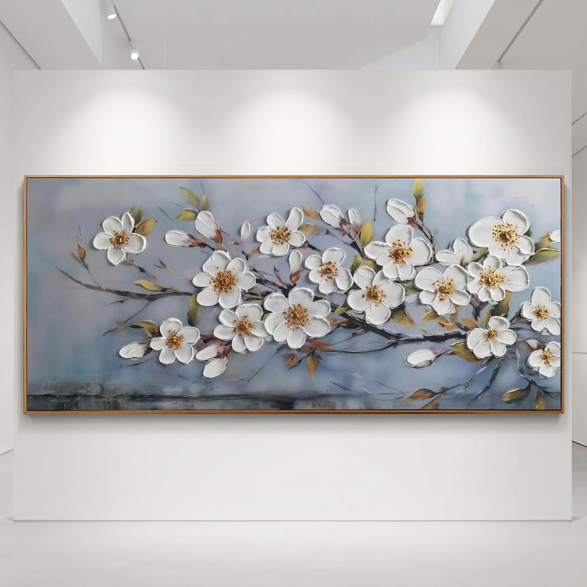 Framed Large Textured Canvas Wall Art for Living Room (White Flowers / Wood Framed / 71"L x 32"W)