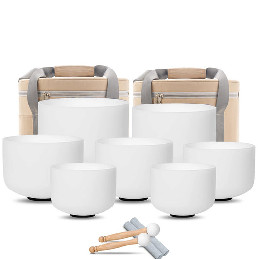 7pcs Crystal Singing Bowl Set 432Hz for Meditation Yoga Healing (6-12inch 432hz White 7pcs)