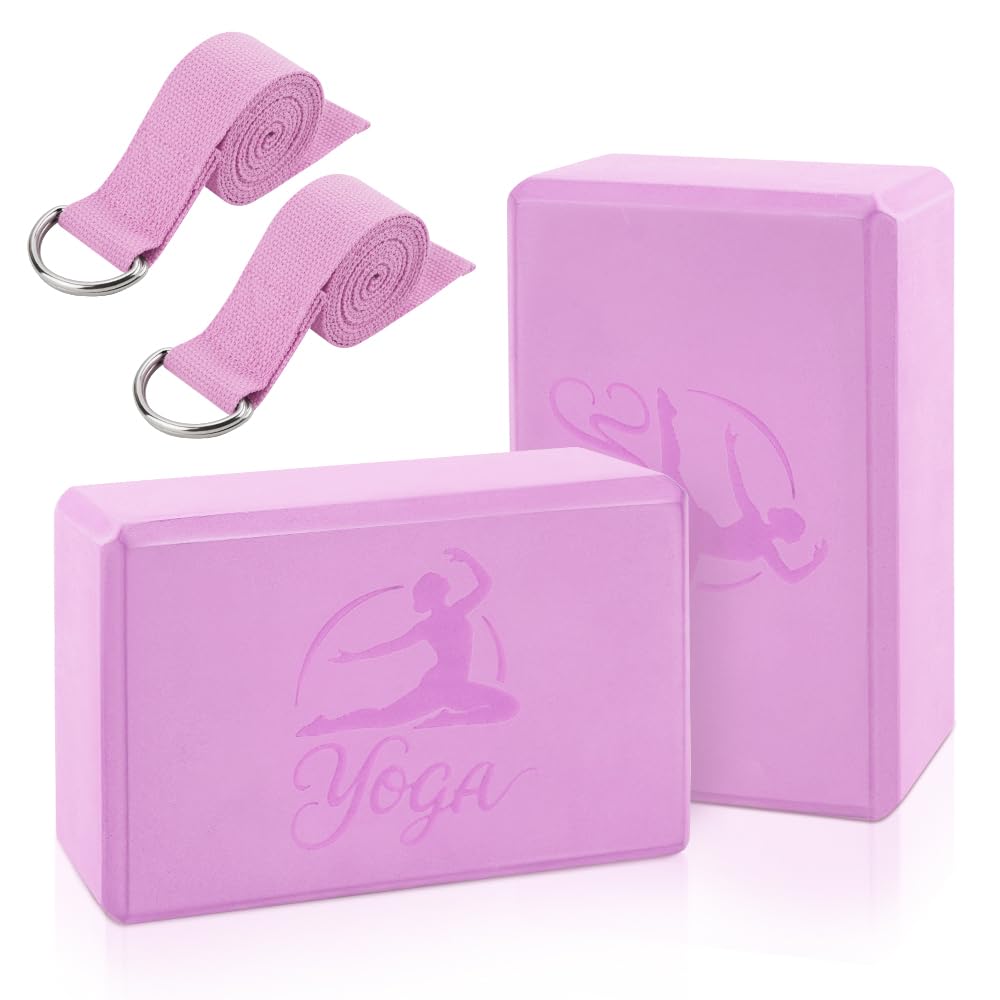 2 Yoga Block and 2 Yoga Strap Set (Pink B / 9×6×3")