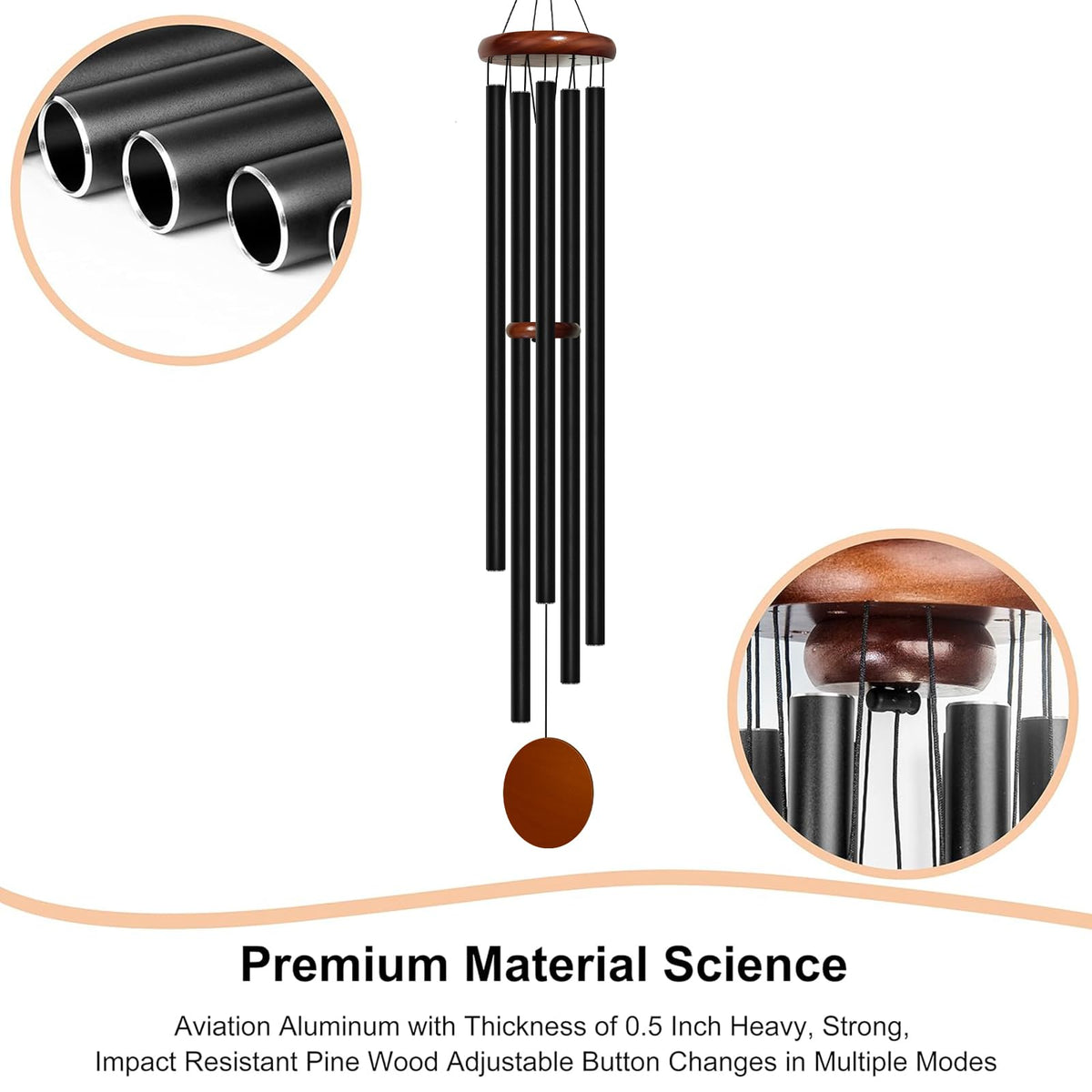 60" Aluminum Wind Chimes for Outside (Black / Classic 60" Deep Tone (5 Tubes))