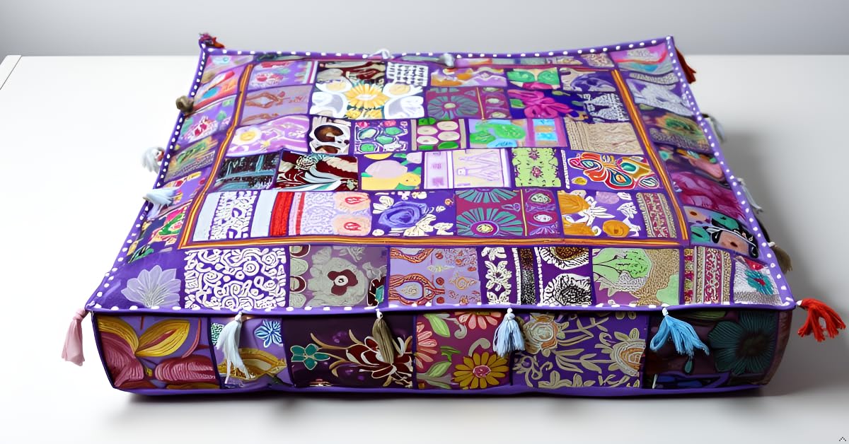 Handmade Square Purple Patchwork Pouf Cover 35 Inch Ottoman Cover Embroidered Cotton Floor Cushion Cover Bohemian Indian Decorative Floor Pillow Meditation Cushion for Living Room Bedroom (35"D x 35"W x 5"H / Purple)