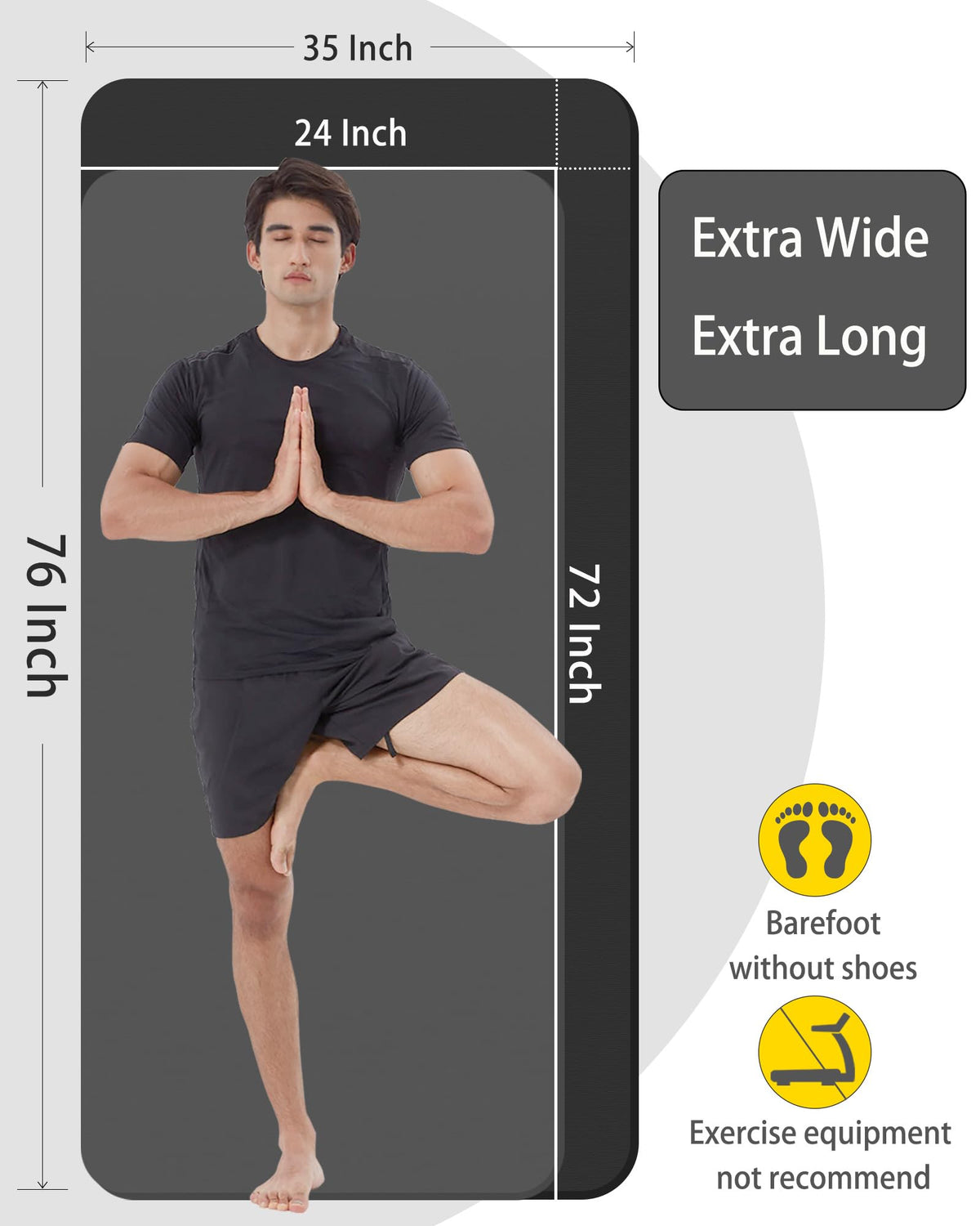 Large Yoga Mat for Men Thick Exercise Mat 76"x35" 15mm Foam Mat (Black)