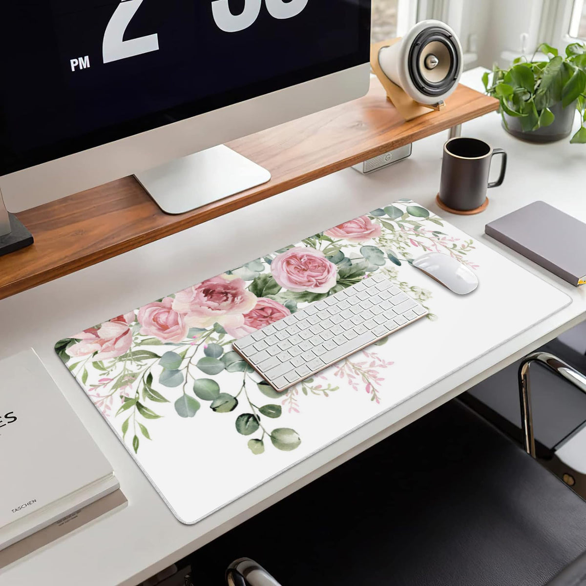 Desk Mat Peony Flowers and Eucalyptus Leaves Large Gaming Mouse Pad for Desk XXL (15.7" x 35.4" / Peony Flowers and Eucalyptus Leaves)