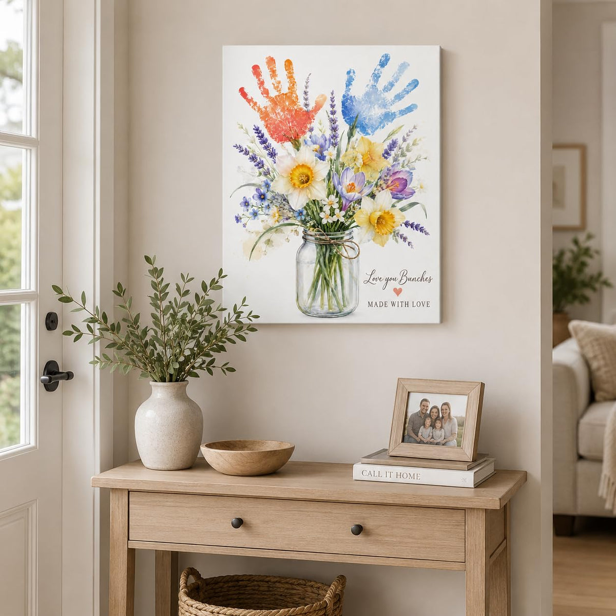 Handprint Floral Canvas Wall Art Framed Home Gift Home Decor 16x24 Inch (Floral Handprint / 24"L x 16"W)
