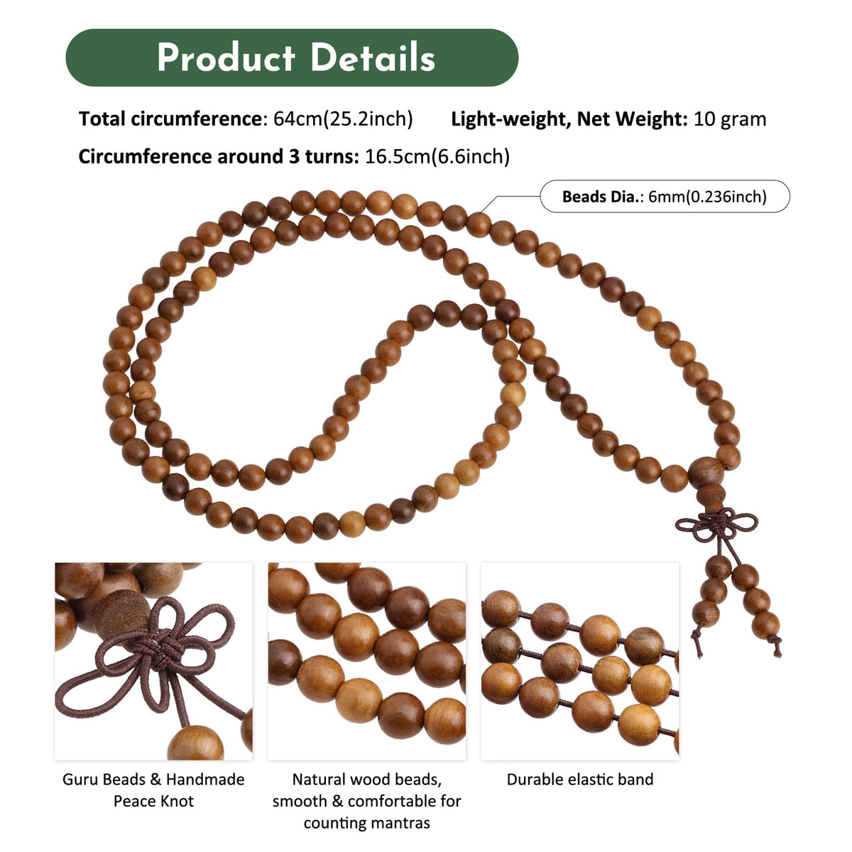 6mm Golden Silk Wood 108 Tibetan Buddhist Prayer Beads Mala Bracelet