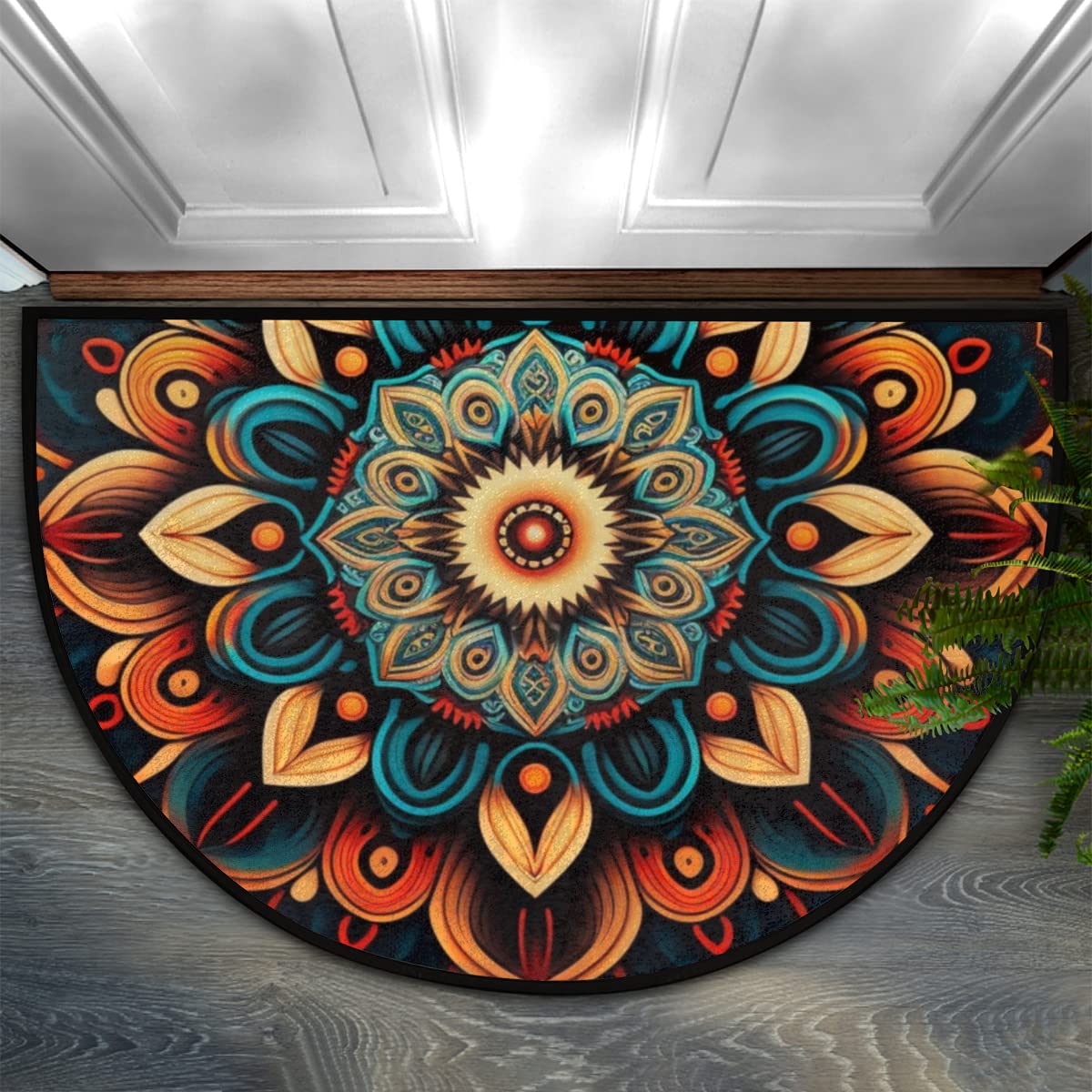 Boho Flower Half Round Doormat Ethnic Floral Semi Circle Area Rug Non Slip Indoor Outdoor Entrance Half Moon Rug Absorbent Durable Washable Front Floor Mat for Kitchen Bedroom Patio Fireplace (A05:boho Mandala)
