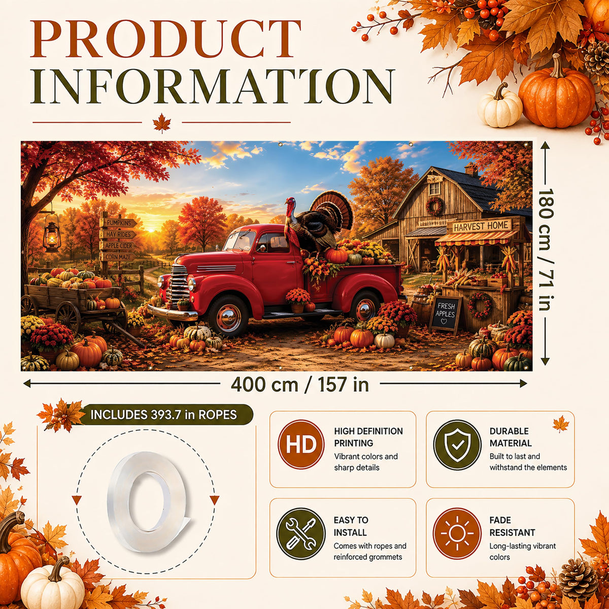 Thanksgiving Garage Door Banner Red Truck 6x13FT Fall Harvest Backdrop (A-Thanksgiving Turkey)