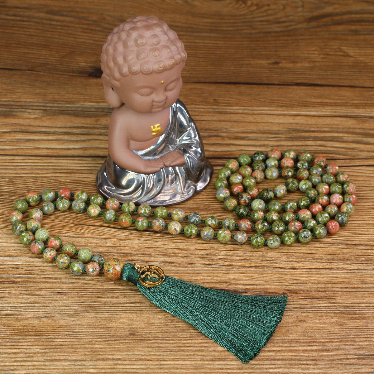 OM Charm Hand Knotted Tassel Unakite Stone 108 Mala Beads Necklace 8mm (8mm / Faceted Unakite)