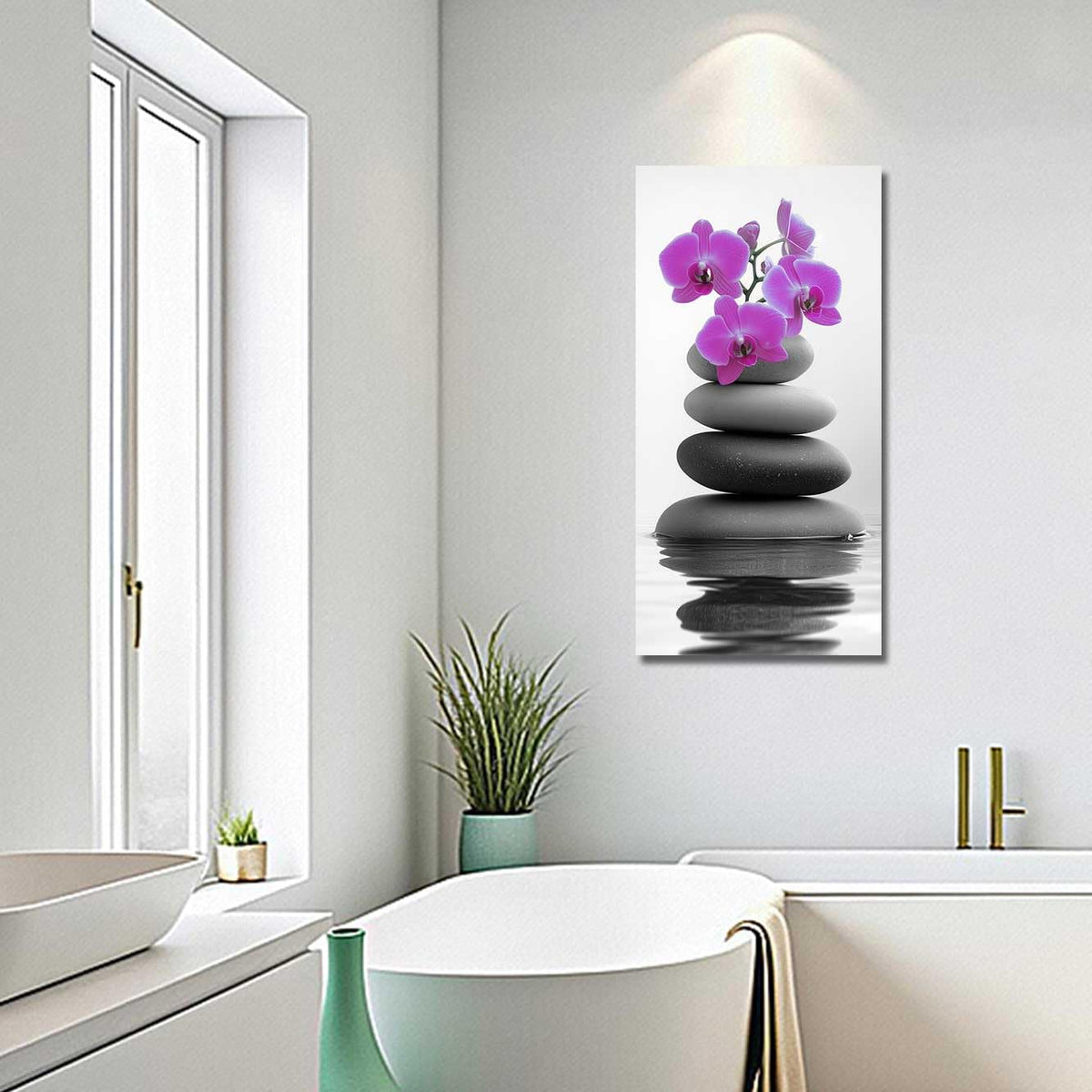 Black and White Bathroom Pictures Zen Wall Art Stone Orchid on Water Poster Prints Floral Relax Grey Canvas Paintings Office Decor Framed (Pink / 48L" x 24W")