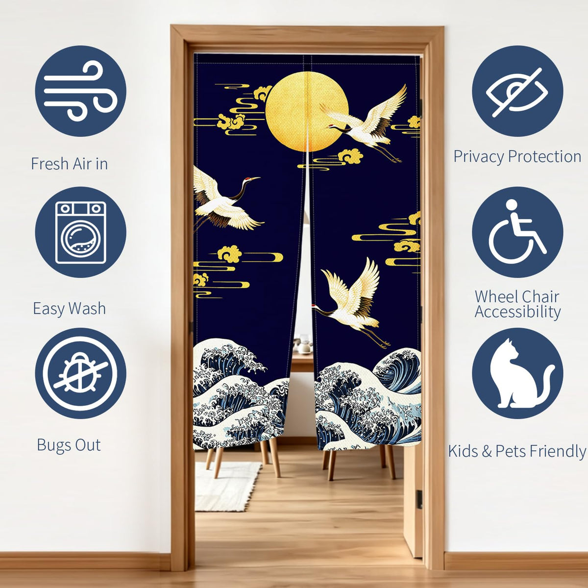 Japanese Noren Doorway Curtain (Navy Crane Moon Wave)