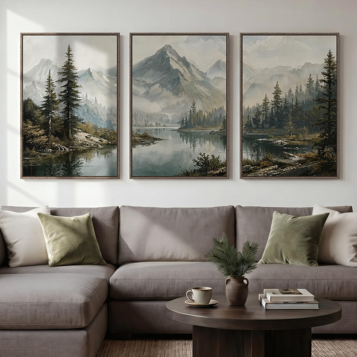 3 Piece Large Framed Mountain Landscape Wall Art for Living Room (Gray / 24" W x 36" H x 3Pcs)