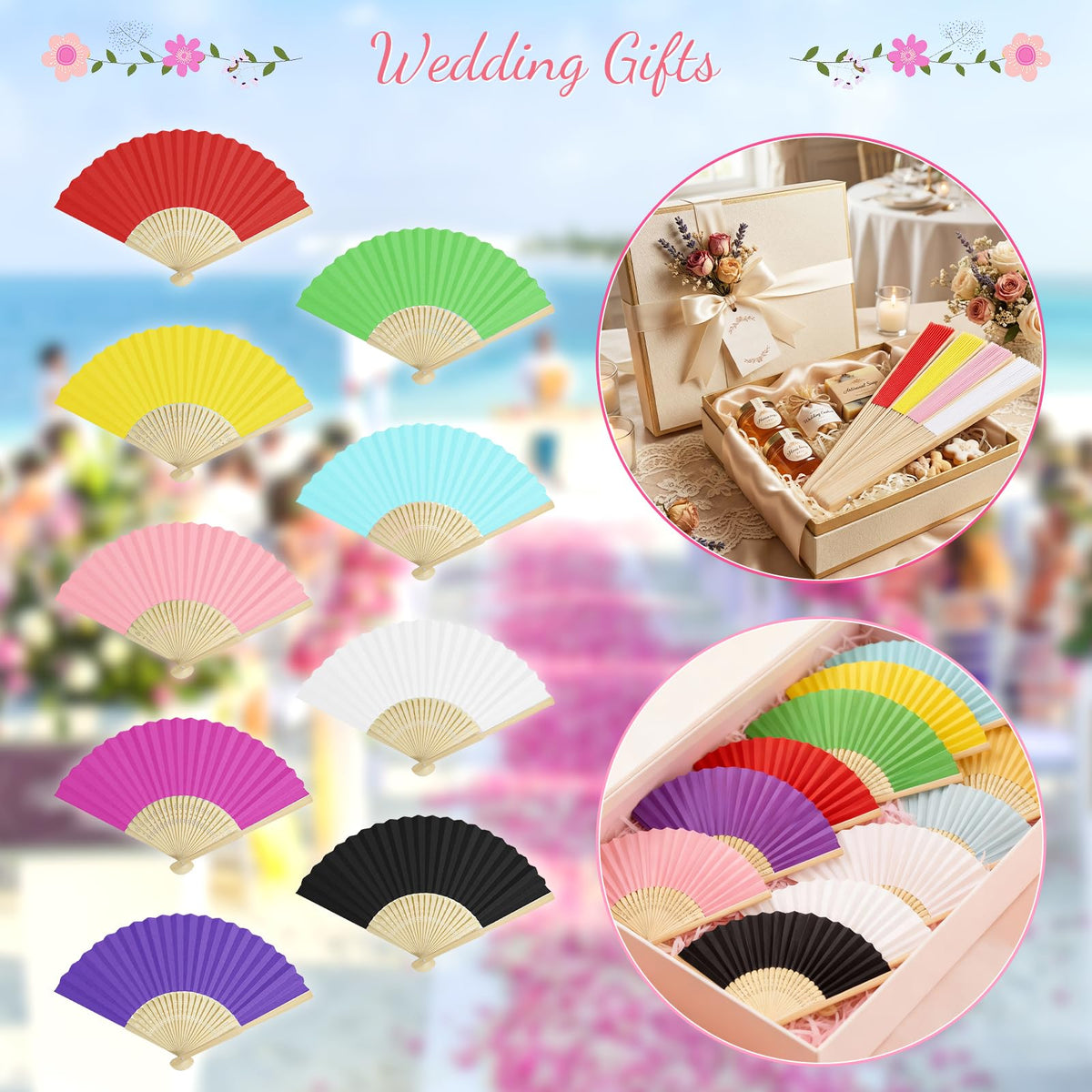 50 Pieces Paper Fans Paper Hand Fan Bamboo Folding Fan Handheld Fan Paper Folded Fan Paper Fan for Wedding Party and Home Decoration (Yellow)