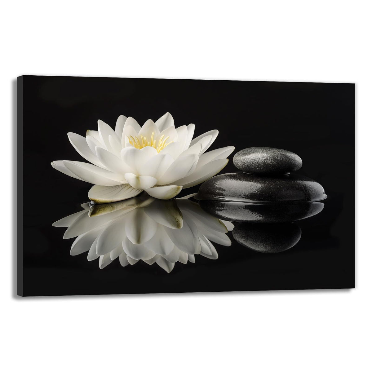Zen Canvas Wall Art White Lotus With Black Spa Stone Poster Serene Still Life Painting Wall Decor for Yoga Rooms Bedrooms Meditation Spaces (Artwork 06 / 18"L x 12"W)