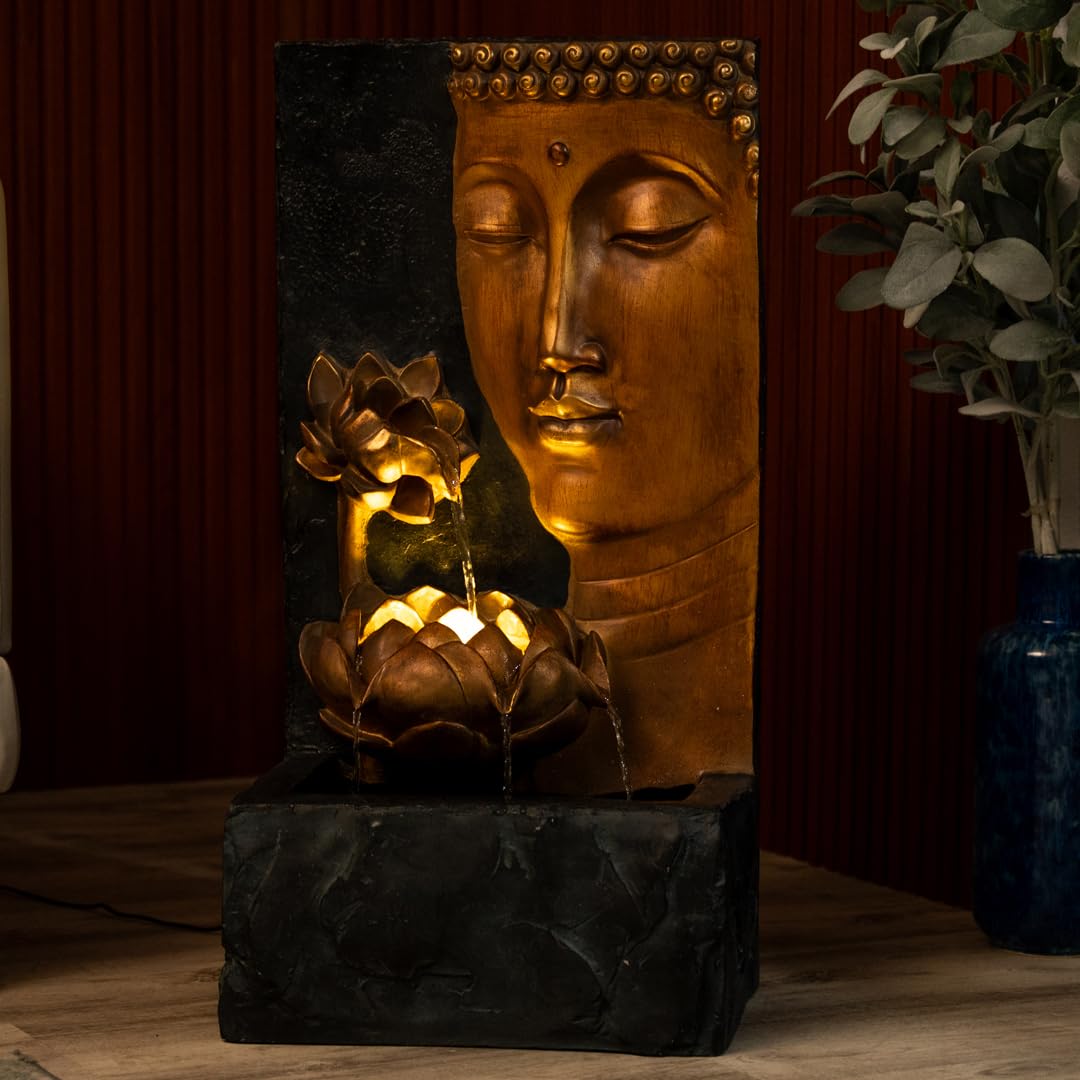 30" H Zen Buddha Face Water Fountain w (Gray and Gold)