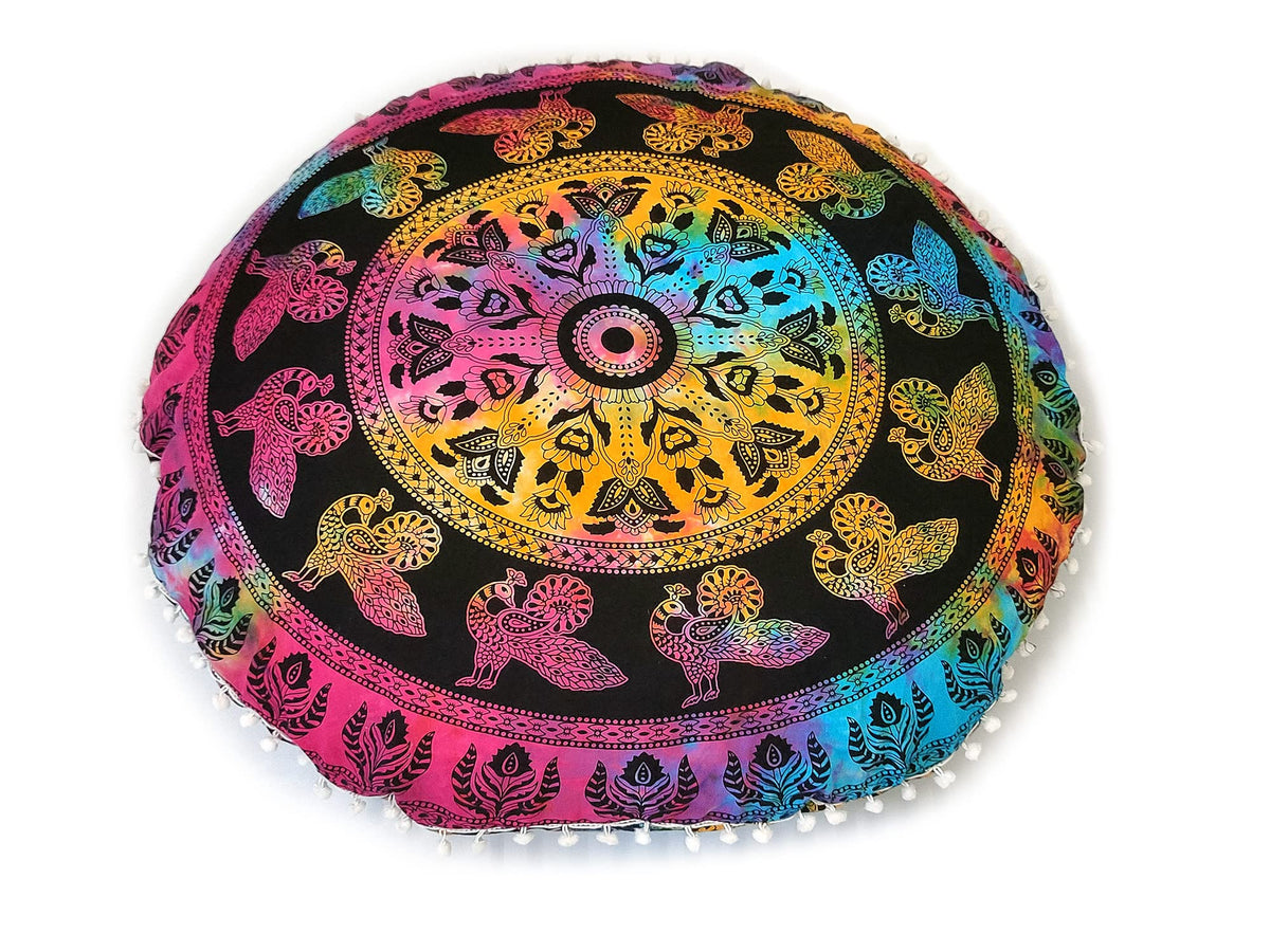 Large Hippie Floor Pillow Cover Mandala Meditation Cushion Case Pouf Cover Round Poufs Cover Bohemian Floor Cushion Cover Outdoor Fireplace Yoga Living Room Decor 32" Multi (Multi-color Peacock)
