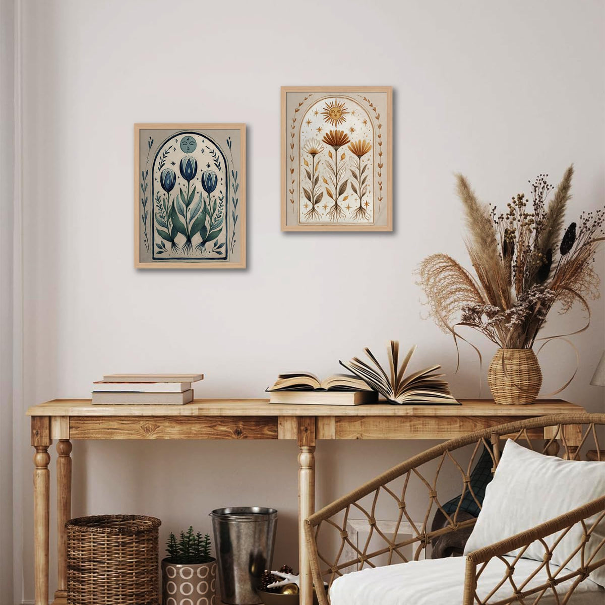 Boho Moon and Sun Wall Art Set of 2 (Blueandyellowflowers / 16"L x 24"W)