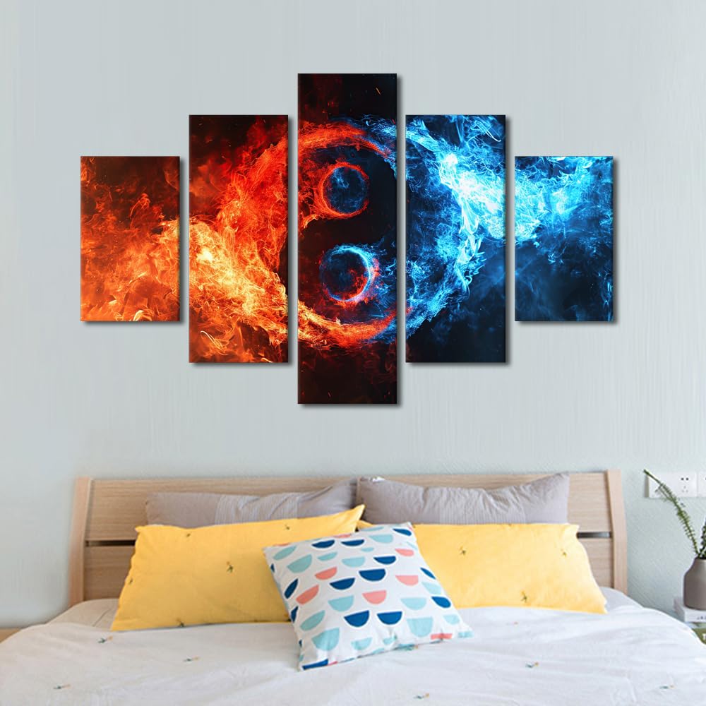 Canvas Wall Art Oversized Fire And Ice Yin Yang Design Stretched Framed Painting Five Piece Set Meditation Space Decor Modern Studio Art Ready to Hang 60" Wx40 H (60''Wx40''H / Artwork-09)