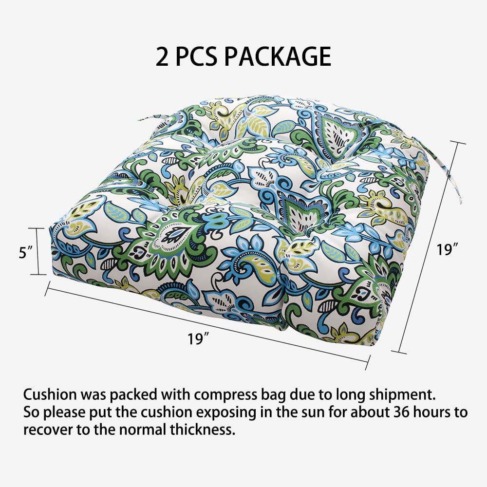 Outdoor Tufted Seat Cushion 19"x19" (Botanical Blue / 19" x 19" x 5" (2 Pack))