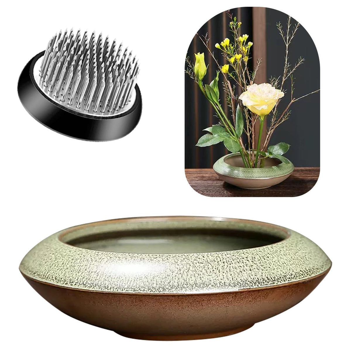 Ikebana Vase Kit Ceramic Flower Frog Vase with Stainless Kenzan Japanese Ikebana Flower Arrangement Pot for Floral Displays Moss & Hydroponic Plants Zen Decor Gift (Green Small Size)
