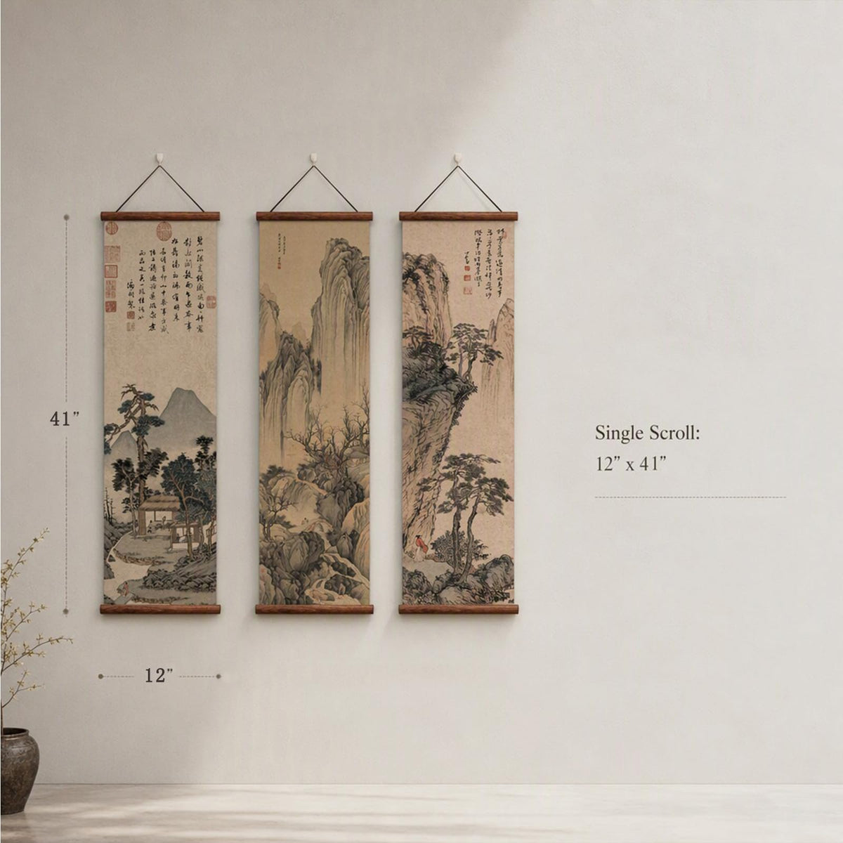 Chinese Ancient Landscape Scroll Wall Art Poster (landscape-BW / 12"x41"x3 Piece)