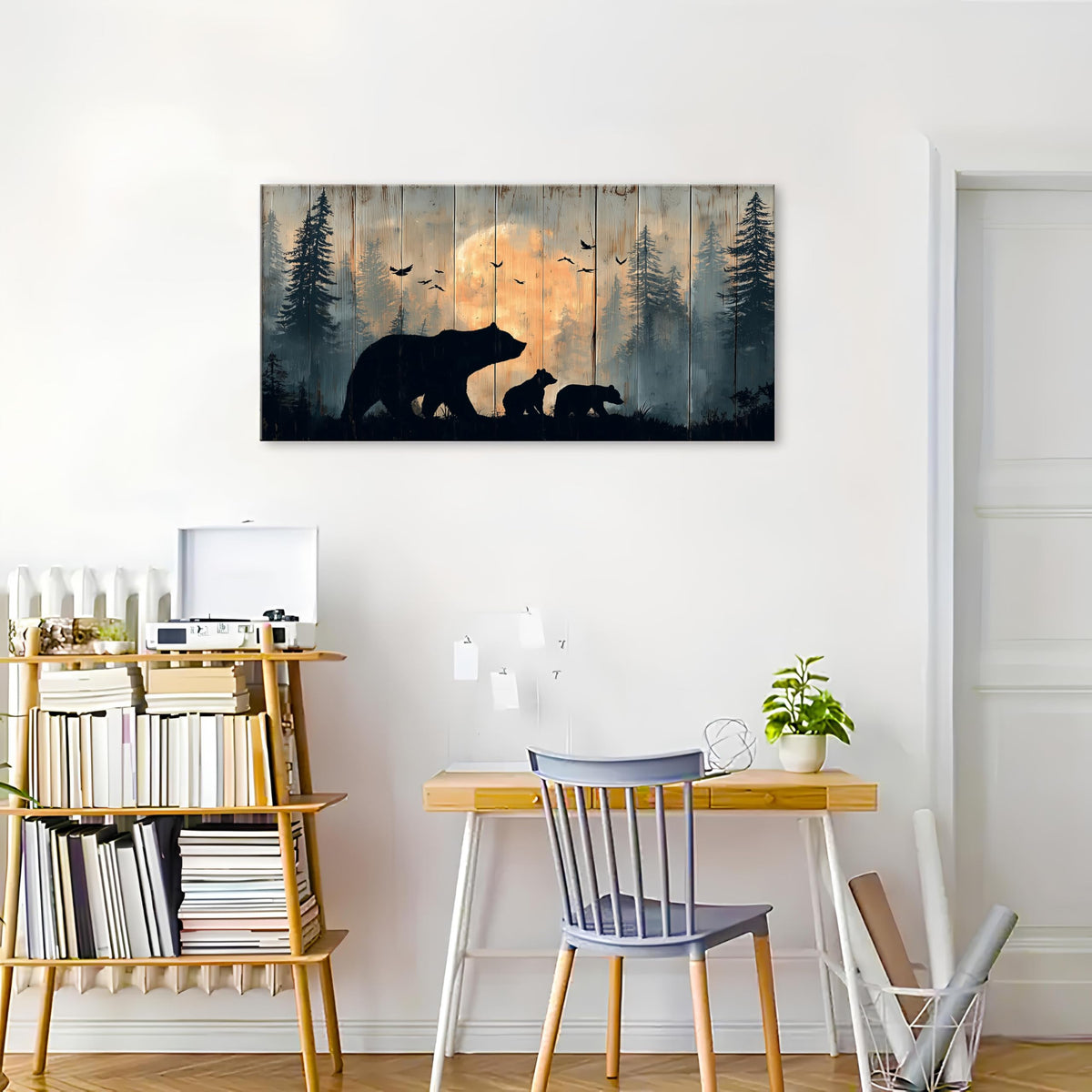 Wildlife Bear Wall Art Rustic Cabin Wall Decor Forest Mountain Animals Landscape Picture Canvas Prints Living Room Kitchen Lodge Decorations for Home Rustic Painting Poster Country Artwork 20x40” (40"L x 20"W / blackbeers)