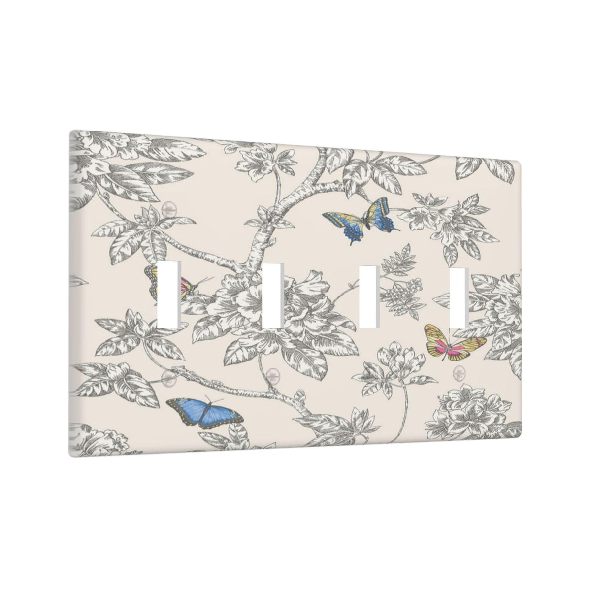 Colorful Butterfly Flowers 4 Gang Light Switch Cover Decorative Quad Toggle Wall Plate Decorative Electrical Faceplate for Kitchen Home Barn Farmhouse Decorate Large (4 Gang Toggle Standard Size / Colorful Butterfly Flowers)