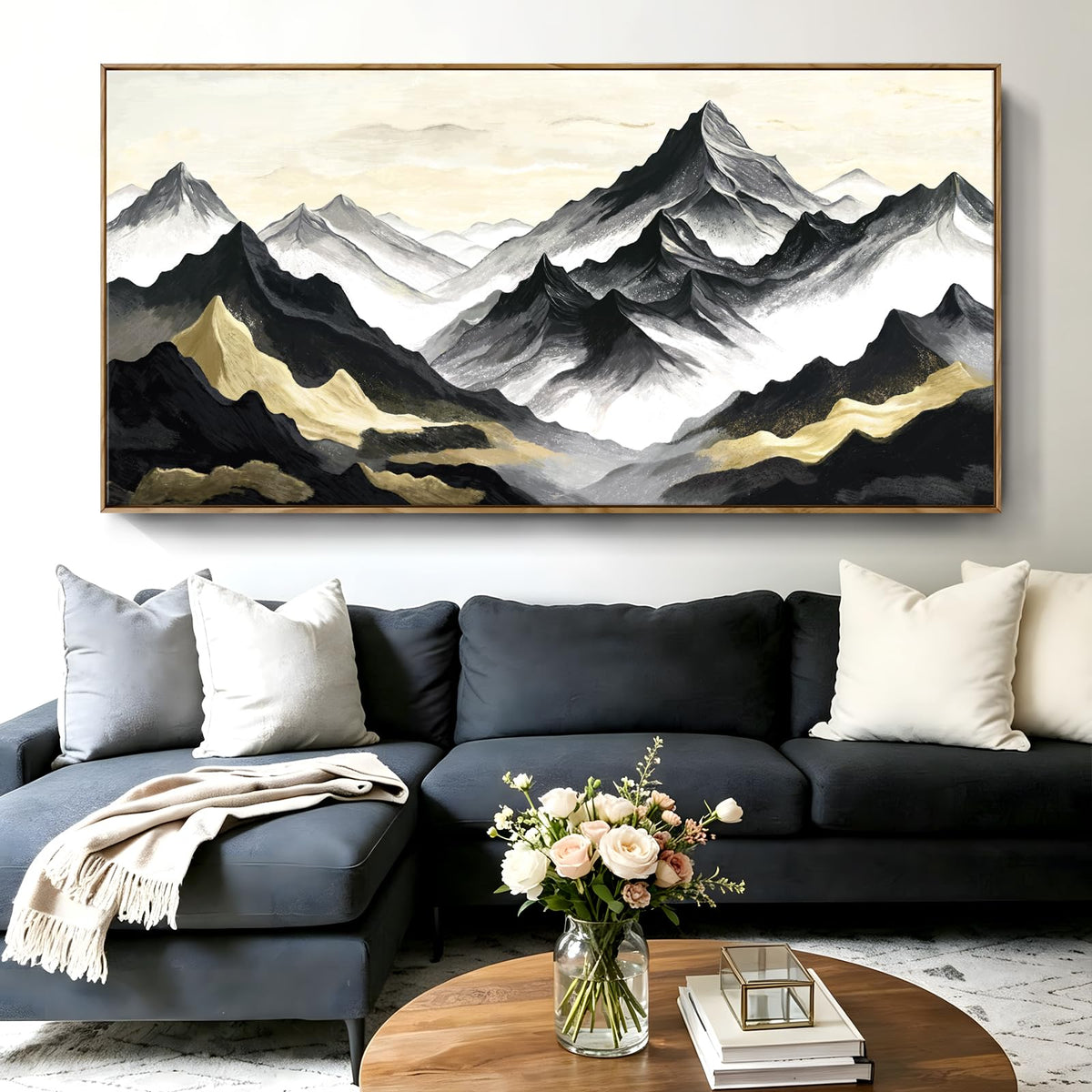 Framed Natural Mountain Bedroom Wall Art Chinese Zen print 58X29 In (Black Gold Wall Art / 58"L x 29"W(Framed))