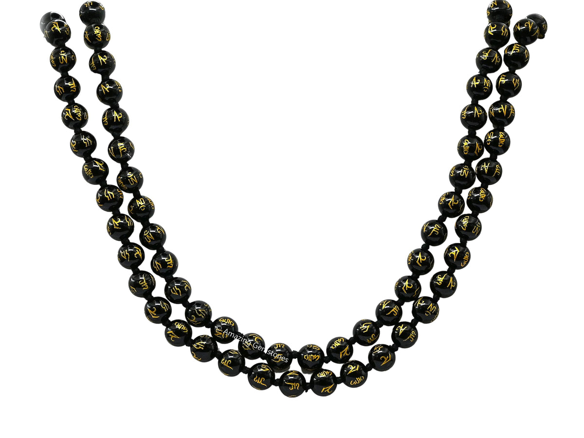 Black Agate Om Mani Padme Hum Mala Beads (Om Mani Padme Hum (Black Agate) / Knotted)