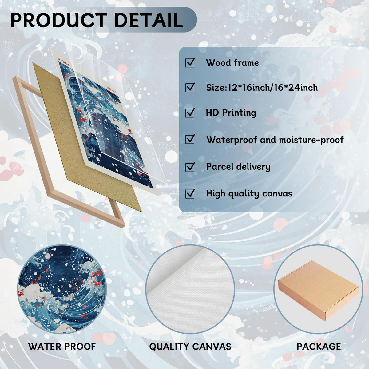 Framed Japanese Great Wave Wall Art Sakura Ocean Ukiyo (Wood Frame Wave-2pcs / 16 X 24 Inches)