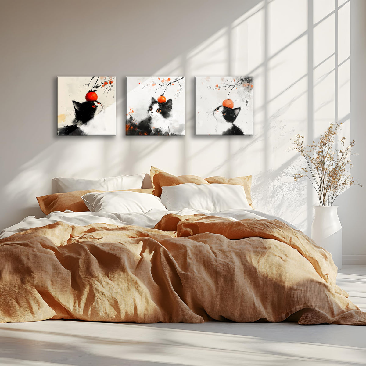 3PCS Modern Japanese Style Cat Wall Art Black White Orange Watercolor Canvas Print Asian Oriental Cat Minimalist Ready to Hang Home Decor Tuxedo Kitchen Living Room Artwork (Japanese Style Cat / 14x14 inches (3 pieces))