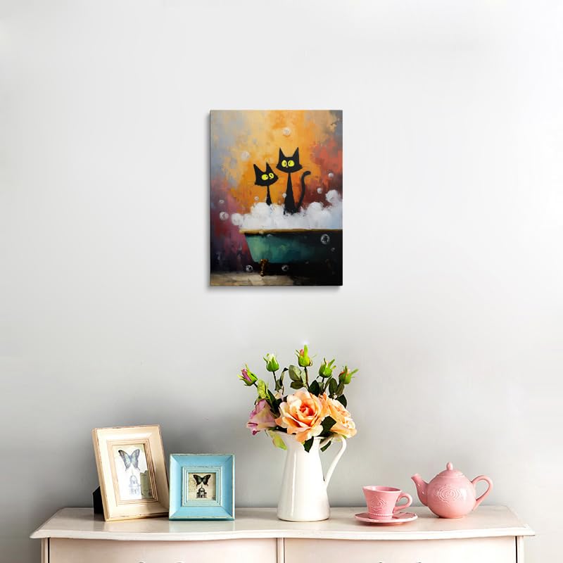Funny Black Cat Bathroom Canvas Wall Art Oil Painting Two Cats with Yellow Eyes in Vintage Bathtub Bubbles and Pink Background Whimsical Pet Artwork for Bathroom Laundry Room Wall Decor 16x24 Inches (Two black cats / 24"L x 16"W)