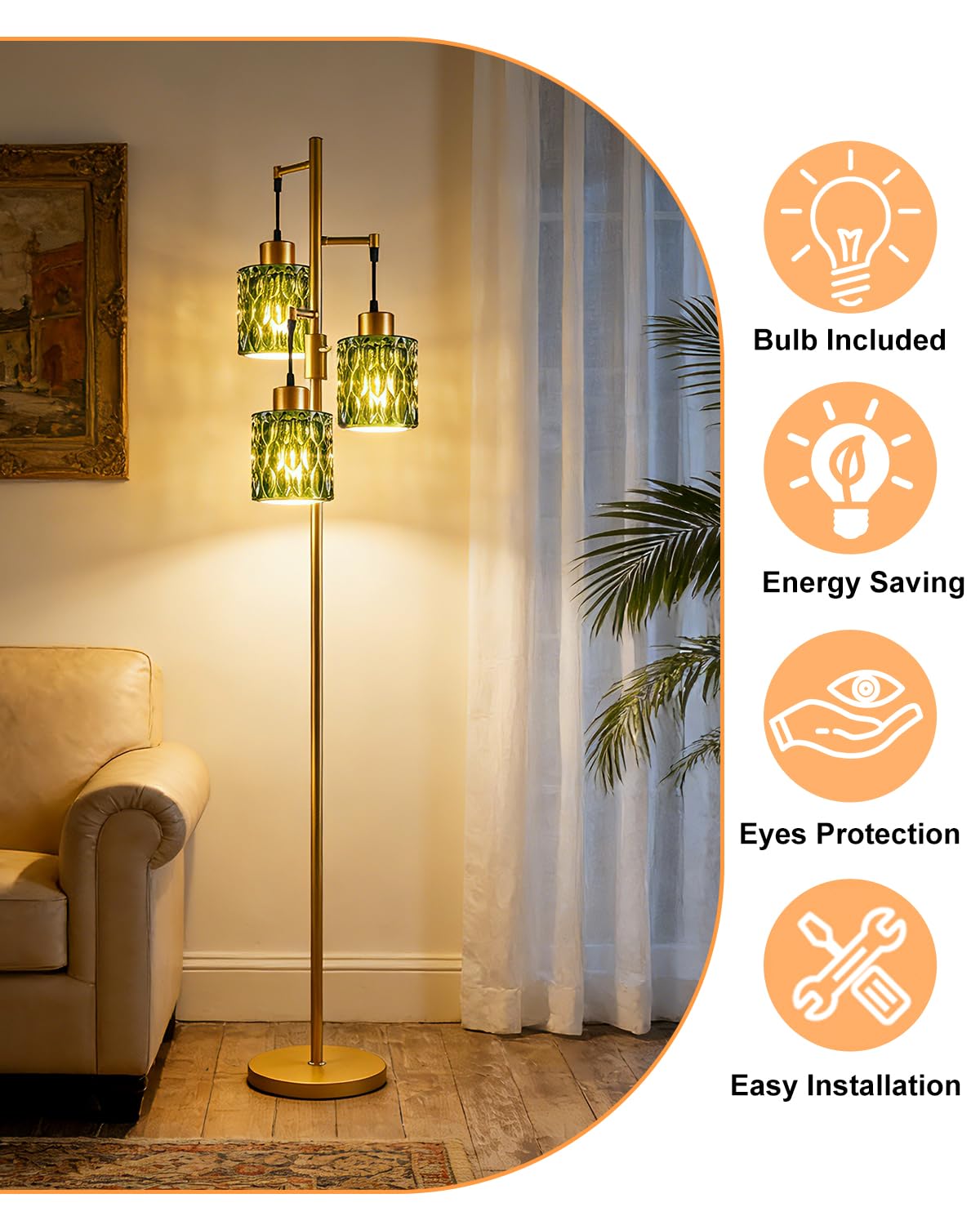 Green Glass Floor Lamp Farmhouse Gold Floor Lamps for Living Room (3 Green Cylinder-Gold)