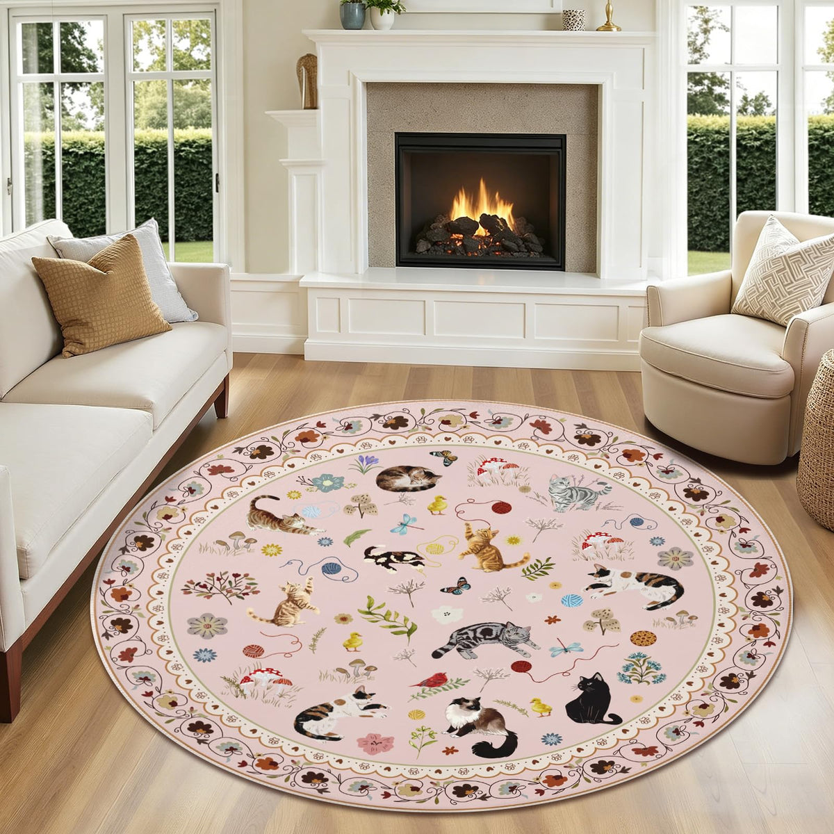 Animal Cat Round Area Rug 4ft (Daily-pink / 4' (Round))