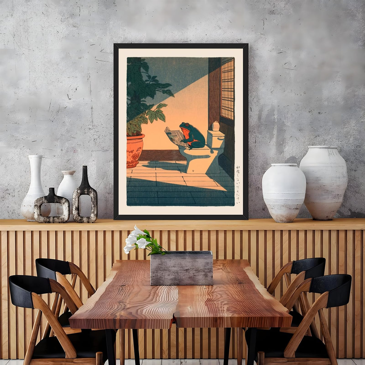 Funny Japanese Frog Bathroom Wall Art Vintage Farmhouse Poster Canvas Print Whimsical Asian Watercolor Animal Painting Minimalist Zen Wall Decor for Washroom Spa Bedroom 12x16inch Black Frame (12"L x 16"W / style-2 Black Frame)