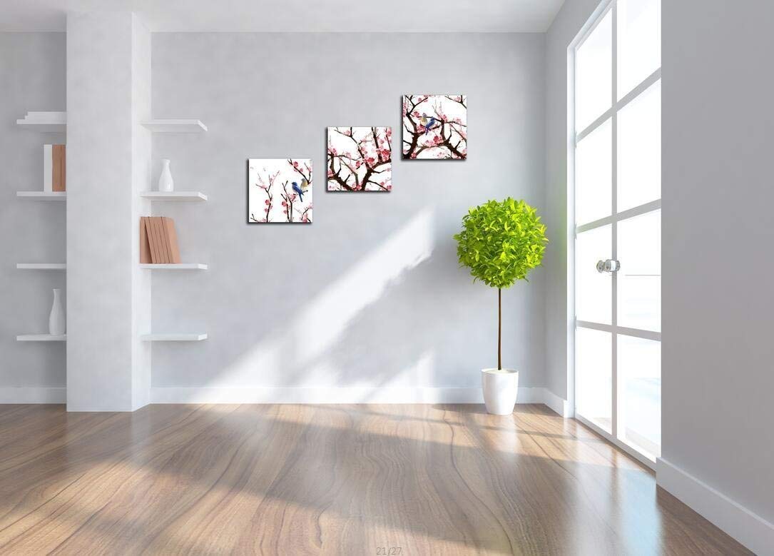 Small Size Traditional Chinese Painting of Birds on Peach Trees Canvas Prints 3 Panels Wood Framed Peach Blossom Wall Art Plum Flowers Print Painting 12x12inches 3pcs (Pink / 12x12 inches (3 pieces))