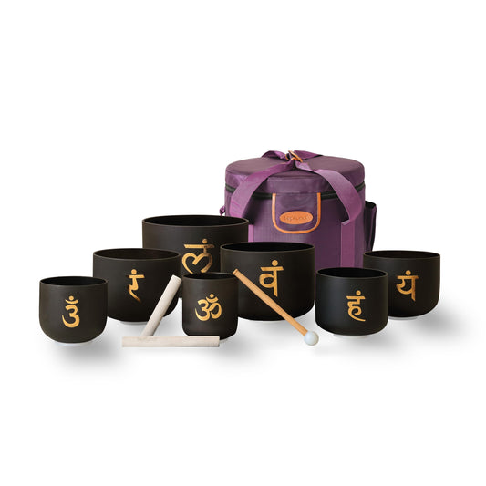 6 12 inch Chakra Set of 7 Golden Sanskrit Black Crystal Singing Bowls with Heavy Duty Carrying Case and Singing Bowl Mallets (6-12 inch / Set of 7 Sanskrit Black)