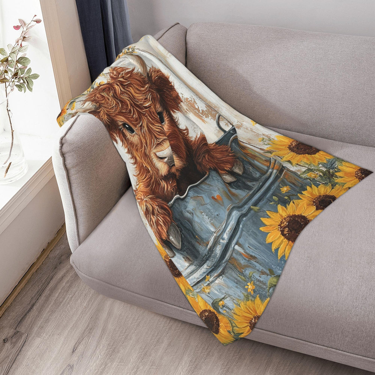 Highland Cow Fleece Blanket Farmhouse Sunflower Gifts Room Decor 60"x80" (Highland Cow / 60"X80")