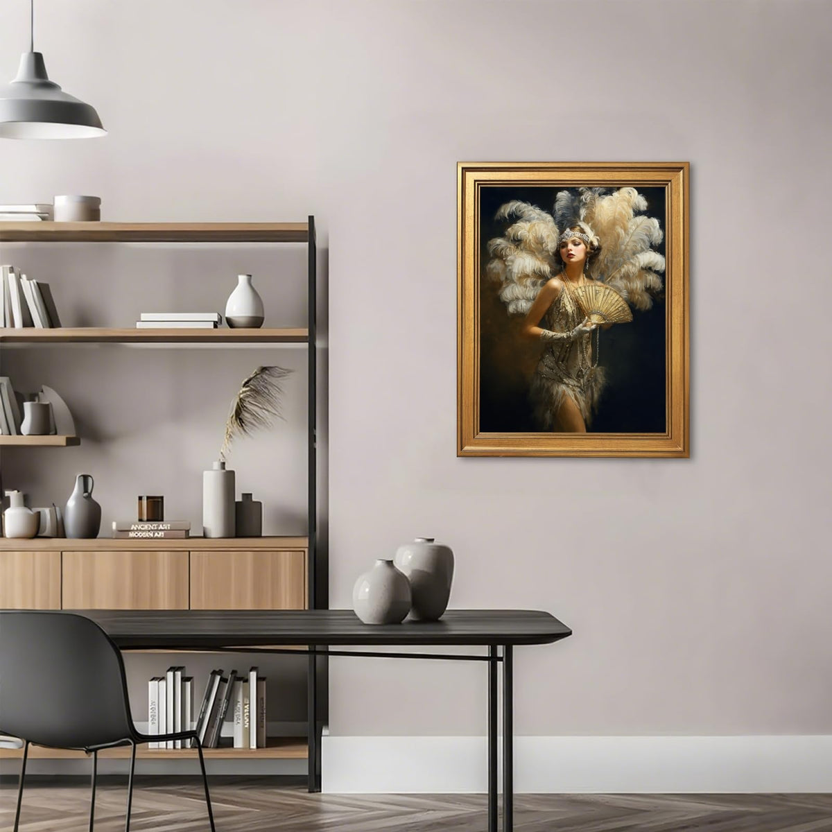 Vintage Burlesque Wall Art Canvas Prints 1920s Showgirl with Feathered Fan and Costume Painting Pictures Elegant Woman Poster Art Deco for Living Room Bedroom Home Decor 24x36inch Golden Frame (style-4 Vintage Golden frame / 24"L x 36"W)