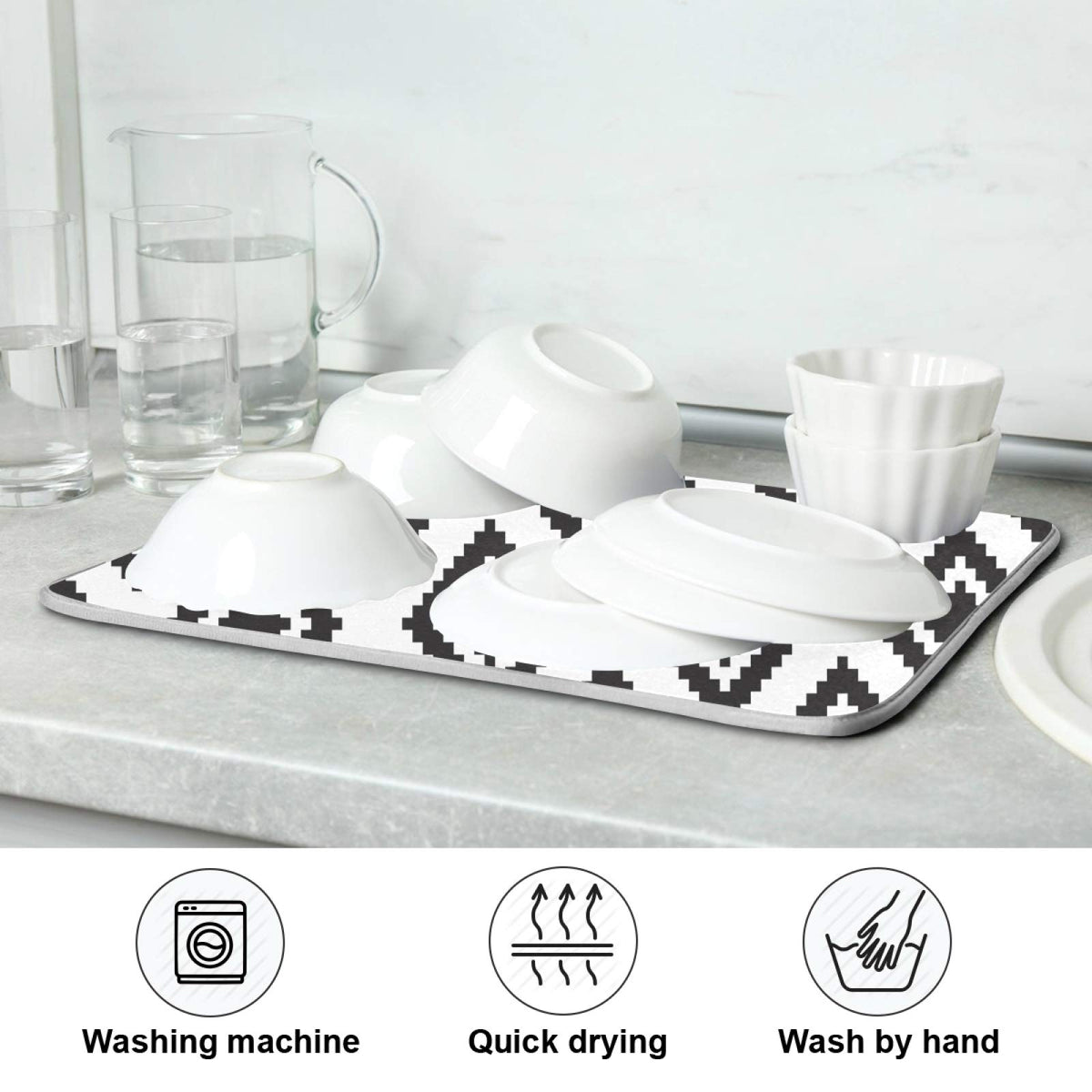 Super Absorbent Dish Drying Mat (Grey Moroccan Rhombus Plaid / 18" x 24")