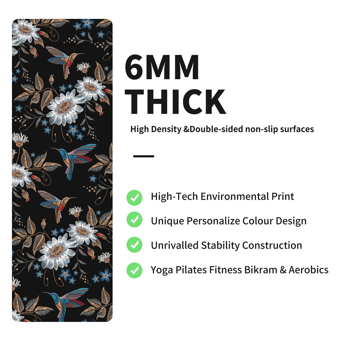 Yoga Mat Print Extra Thick TPE Non Slip Fitness Exercise Mat with Carrying Bag (Bird)