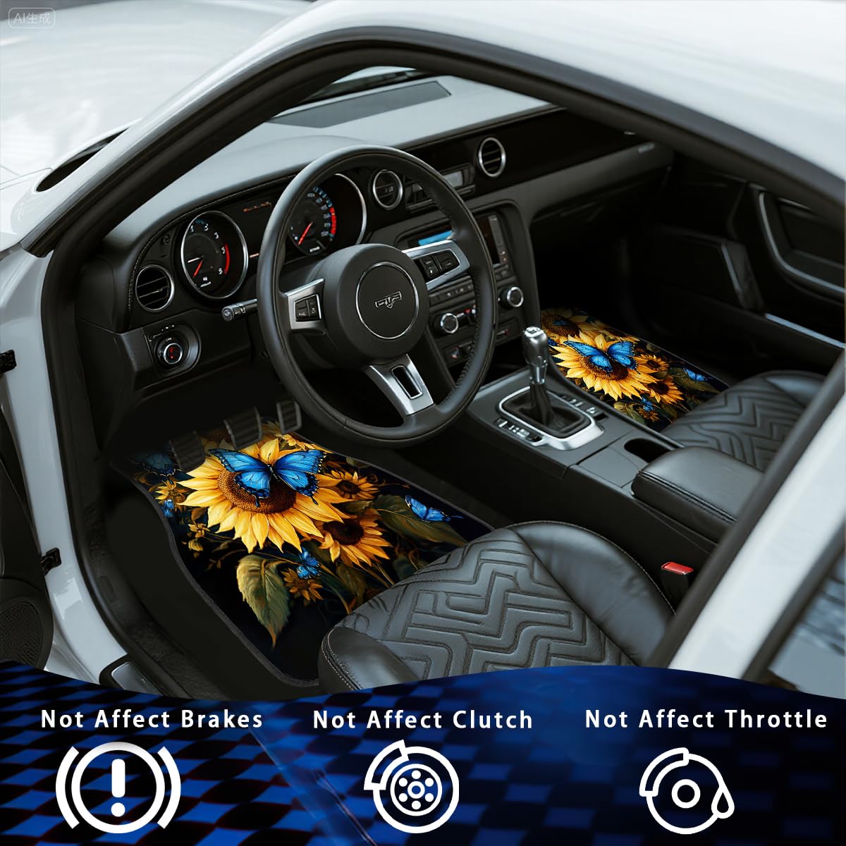 Sunflower Car Floor Mats Set of 4 Butterfly Blue Yellow Bright Color Carpet Front Rear Carpets Mat Non (26.8"L x 17.3"W x 0.4"Th / Sunflower)