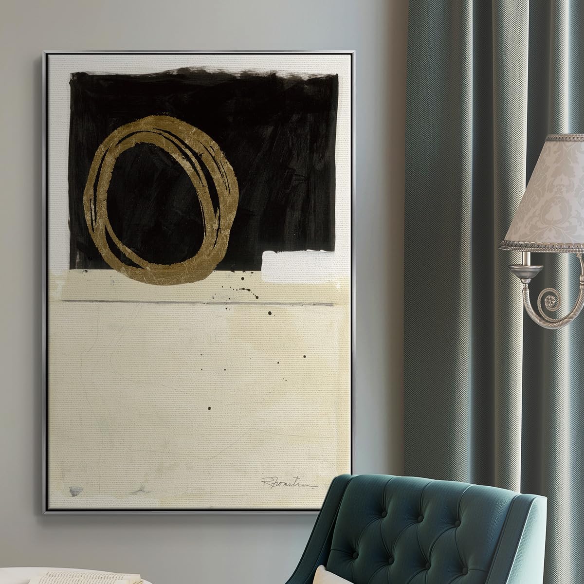 Canvas Wall Art Silver Floating Frame Paintings Black Golden Geometric Sphiral Pattern Abstract Wall Hanging Artwork for Office Hotel Bedroom Decorations (25"L x 17"W / Standing Strong III)
