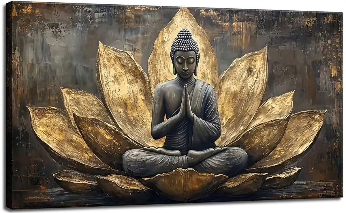 Large Buddha Lotus Canvas Wall Art Abstract Gold and Grey Zen Buddhism Decor painting Pictures Modern Serene Meditation Posters Prints for living room Bedroom Office Hallway Home Decoration (gold / 48"L x 24"W)