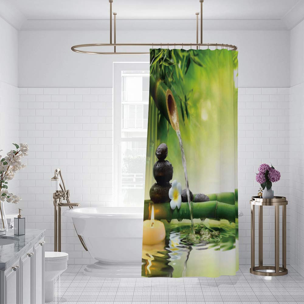 Spa Shower Curtain White Flowers Candle Black Stones Vintage Bamboo Relaxing Bath Curtain Waterproof Polyester Fabric Bathroom Decor Set with Hooks 72x84inch (72"W x 84"L (Pack of 1) / Green 02)