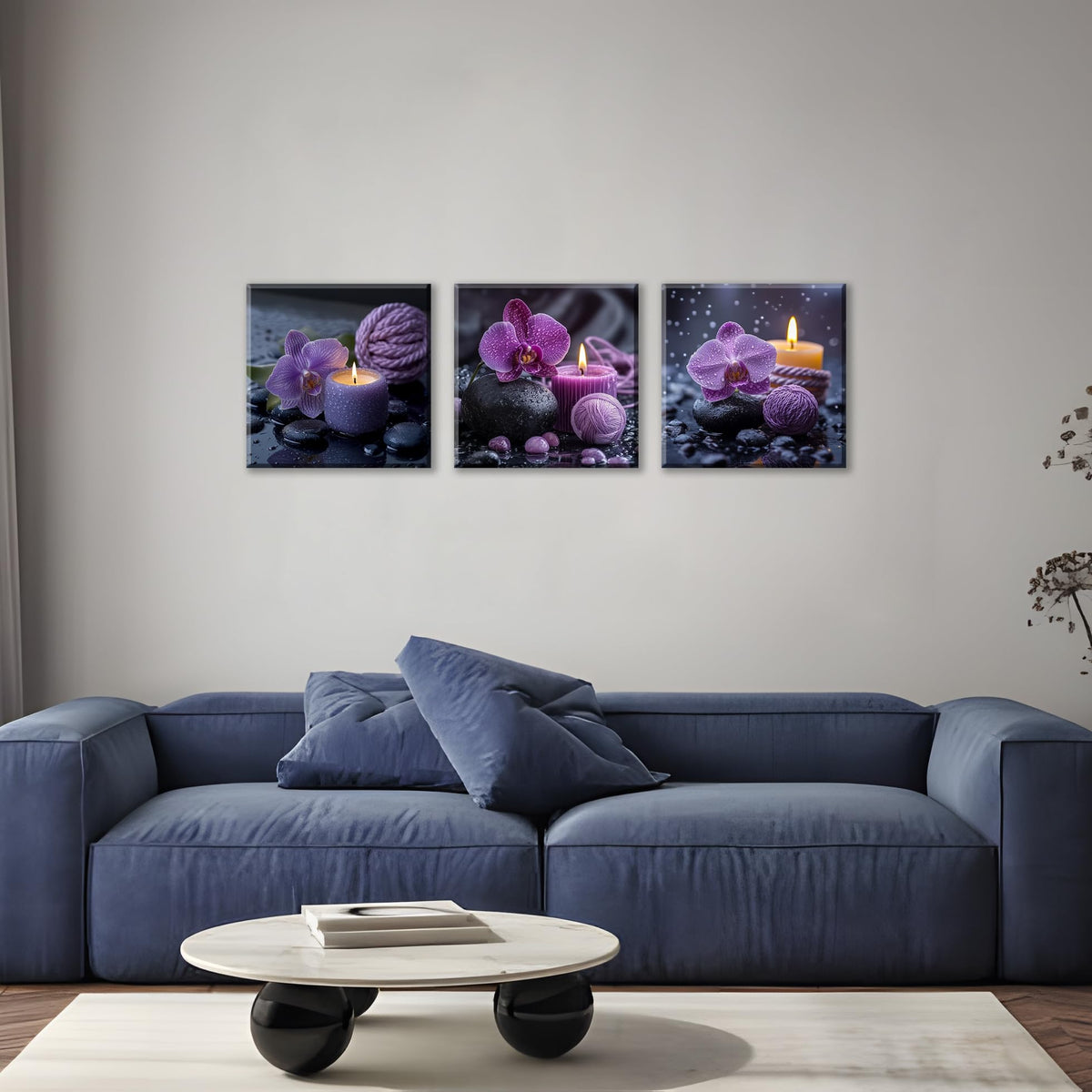 3PCS Purple Orchid Candle Canvas Wall Art Zen Spa Decor Black Stones Water Droplets Relaxing Purple Aesthetic Tranquil Meditation Artwork for Bedrooms Living Rooms Bathrooms Wellness Spaces (16X16inchX3pcs / Purple Orchid Candle)